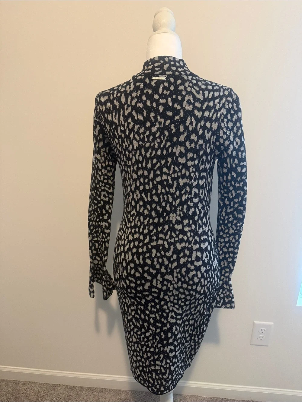 Michael Kors Black and Silver Long Sleeve Mock Neck Knit Dress